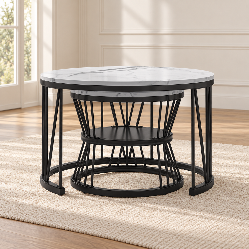 Table basse ronde 2-en-1 effet marbre blanc, pieds courbés noirs — produit seul dans un intérieur de maison