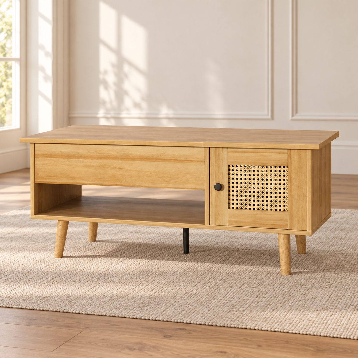 Table basse relevable bois et cannage à portes, 103 cm — produit seul dans un intérieur de maison