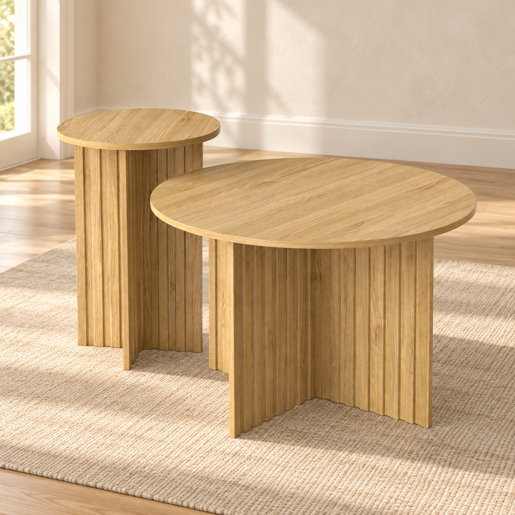 Tables basses gigognes rondes scandinaves en bois Ø76 + Ø76 cm — produit seul dans un intérieur de maison