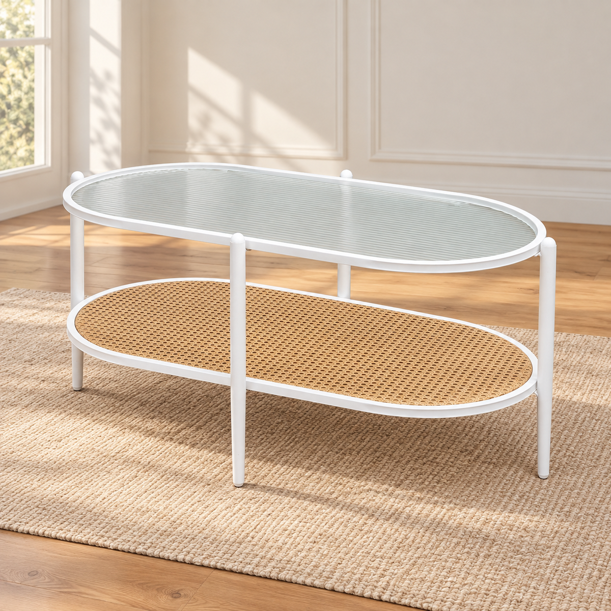 Table basse ovale 95 cm — verre ondulé et tablette cannée — produit seul dans un intérieur de maison