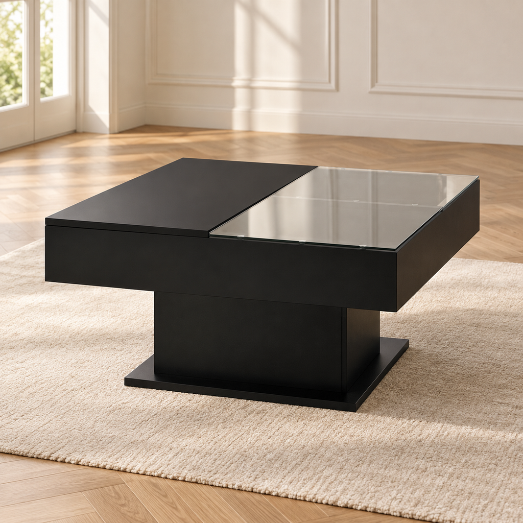 Table basse relevable carrée noir brillant avec LED 78 cm — produit seul dans un intérieur de maison