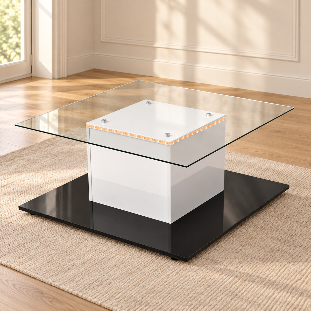 Table basse carrée blanc brillant et verre 80 cm — produit seul dans un intérieur de maison