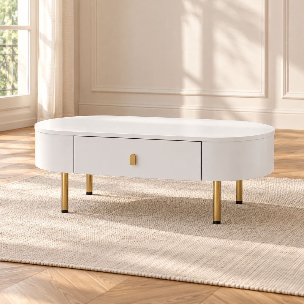 Table basse ovale blanche 2 tiroirs, poignées et pieds dorés 108 cm — produit seul dans un intérieur de maison