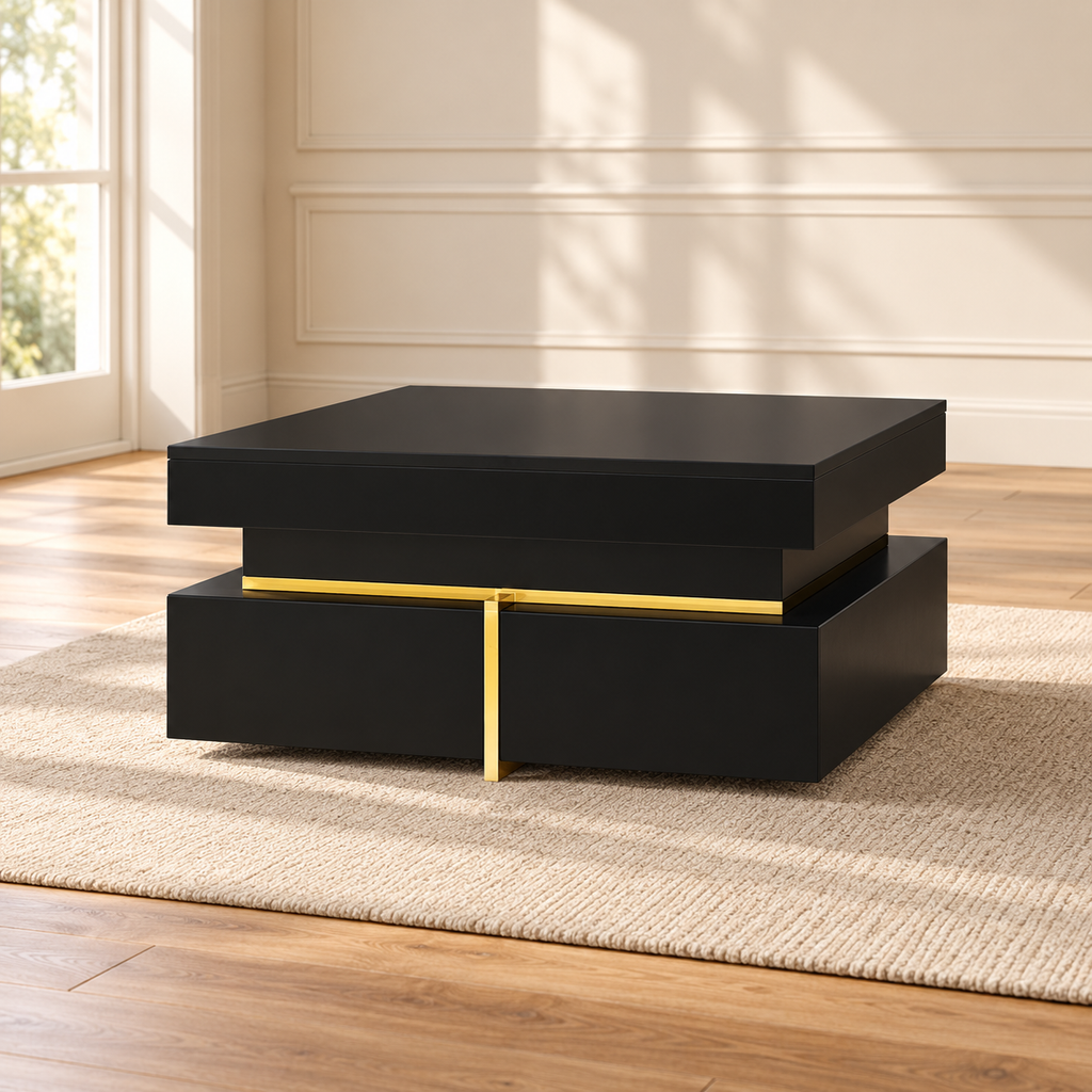 Table basse carrée noir laqué brillant à tiroirs et accents dorés 70 cm — produit seul dans un intérieur de maison