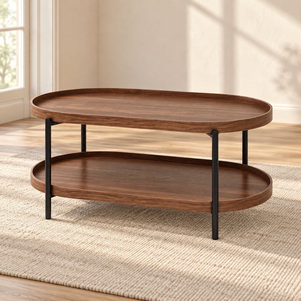 Table basse ovale noyer 90 cm avec étagère — style loft — produit seul dans un intérieur de maison