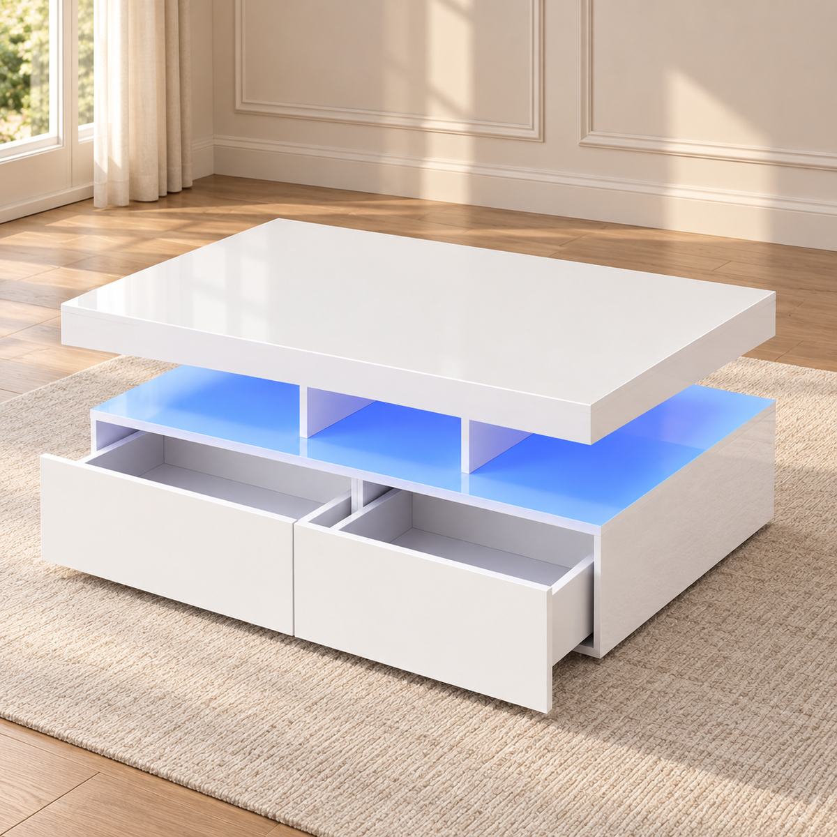 Table basse blanc brillant 104 cm à LED et 2 tiroirs — produit seul dans un intérieur de maison