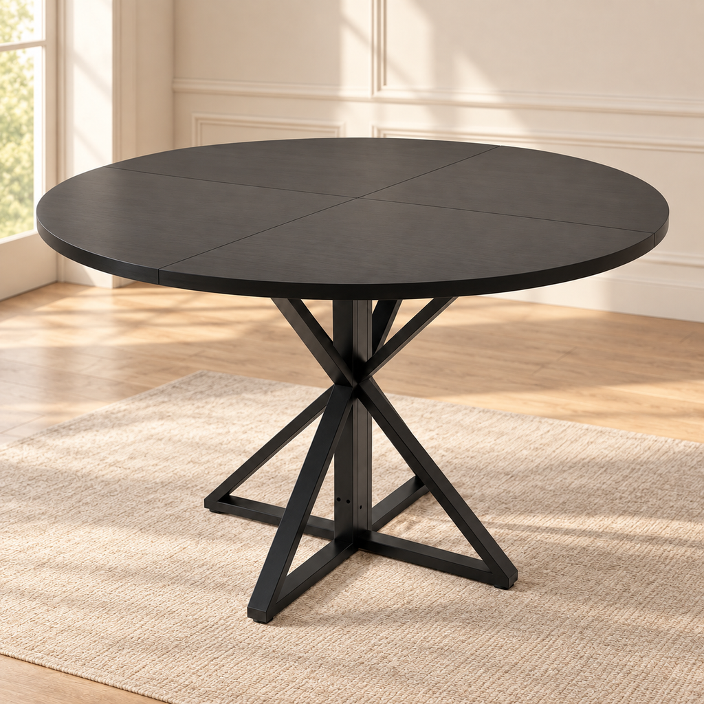 Table à manger ronde Araignée 120 cm — plateau noir et piètement métal croisé — produit seul dans un intérieur de maison