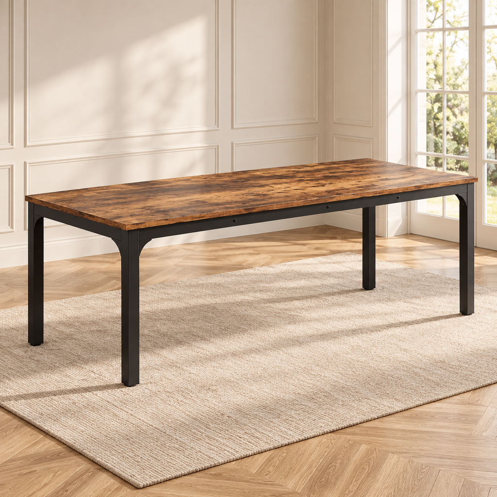 Table à manger Grande Tablée 200 cm — plateau effet bois rustique et piètement métal noir — 6 finitions disponibles — produit seul dans un intérieur de maison