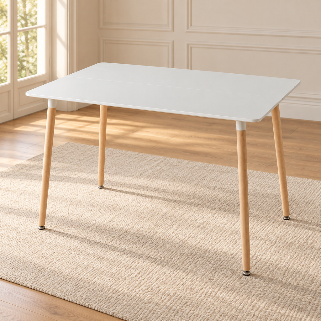 Table à manger scandinave blanche 110 cm — pieds bois clair — produit seul dans un intérieur de maison
