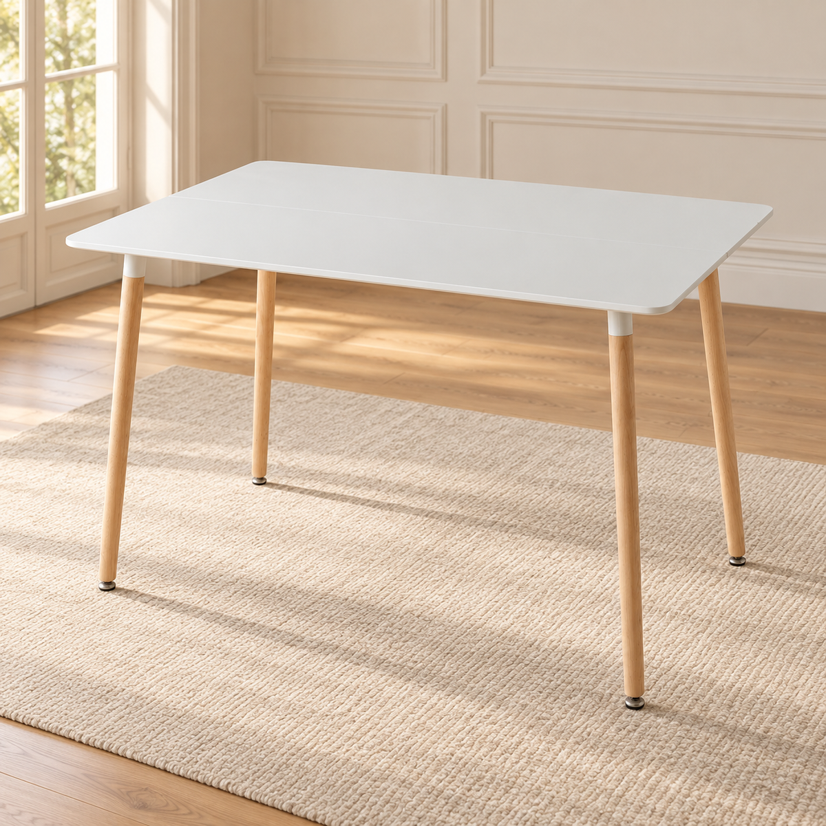 Table à manger scandinave blanche 110 cm — pieds bois clair — produit seul dans un intérieur de maison