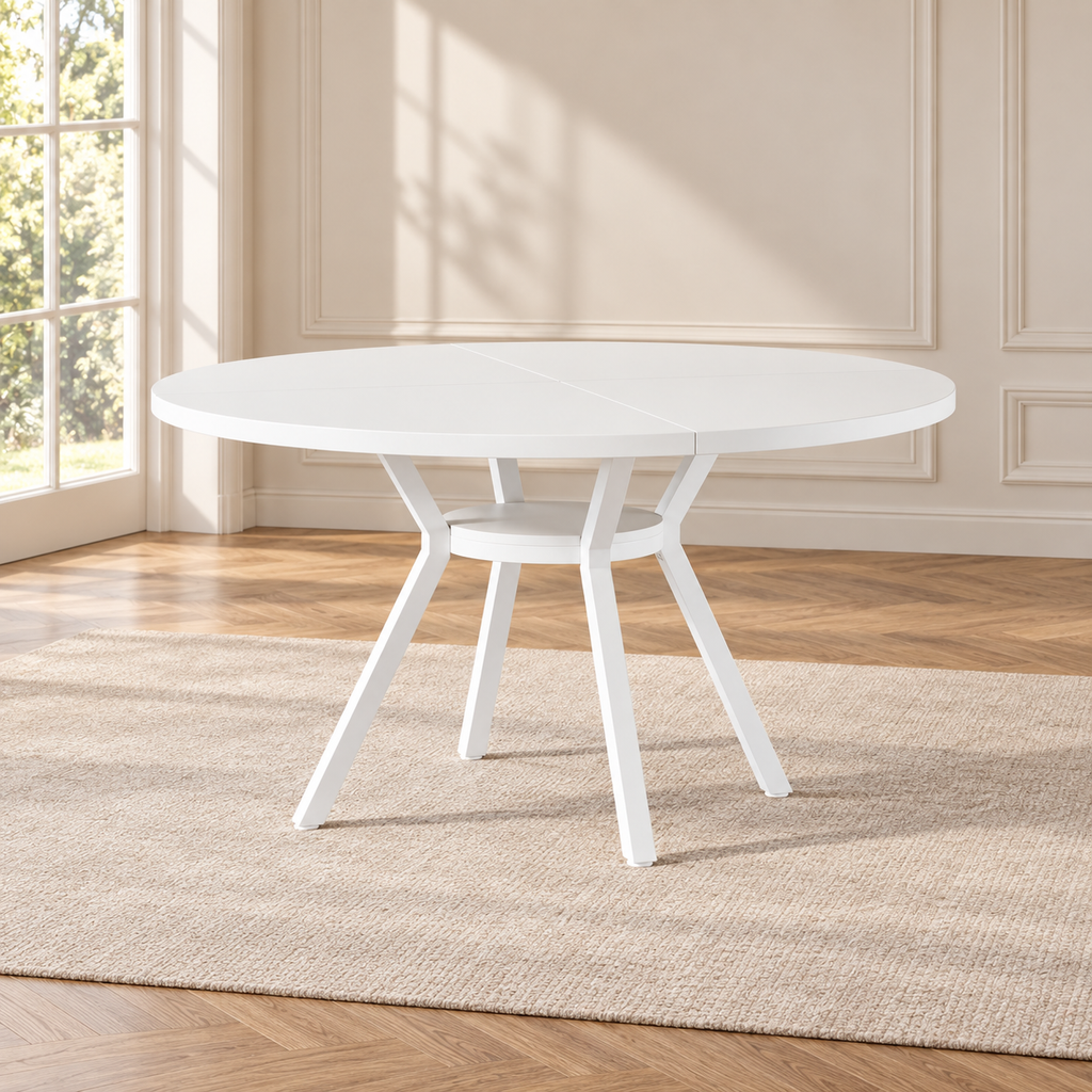 Table à manger ronde Halden 120 cm — effet bois et métal noir — produit seul dans un intérieur de maison