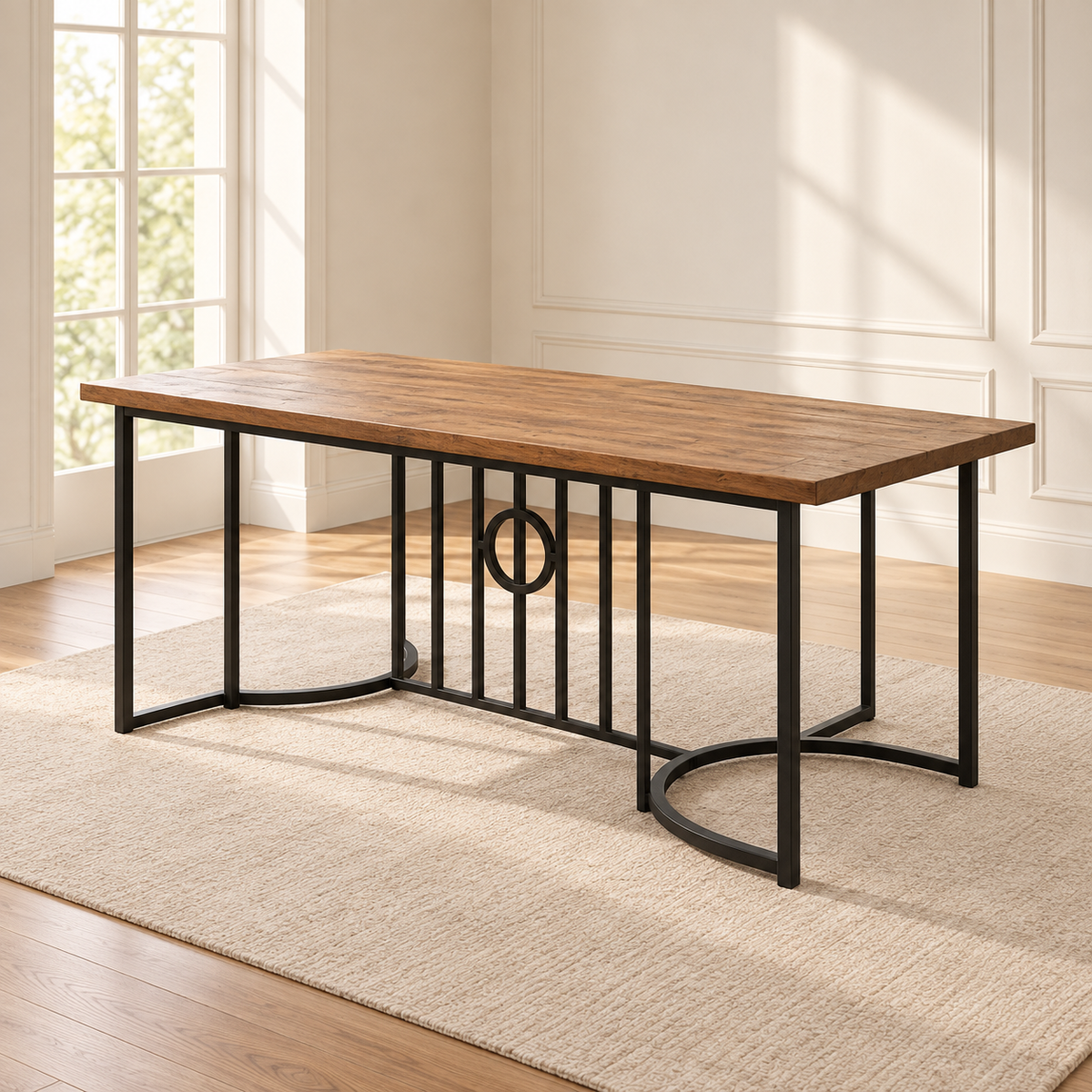Table à manger Ombrée 180 cm — effet bois rustique et métal noir — produit seul dans un intérieur de maison