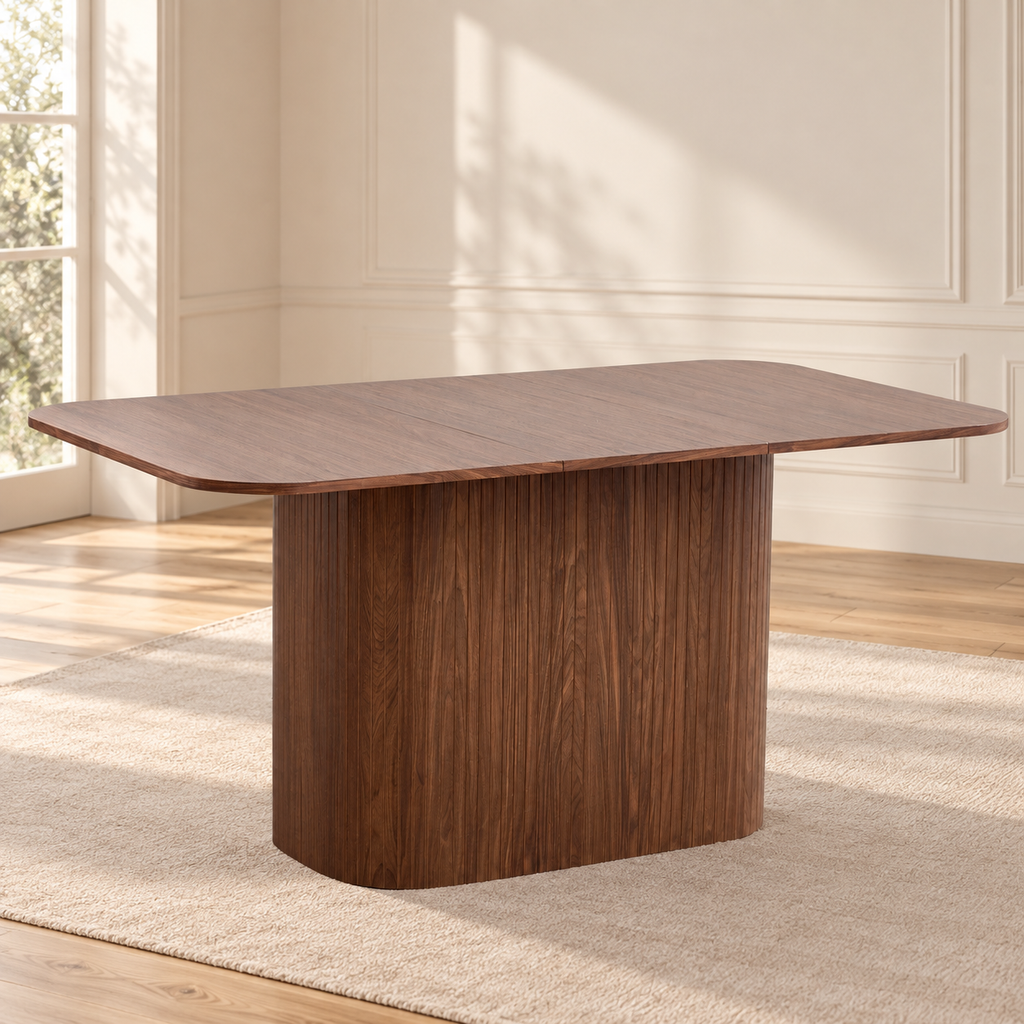 Table à manger Ondulis 160 cm — finition bois foncé et base sculpturale — produit seul dans un intérieur de maison
