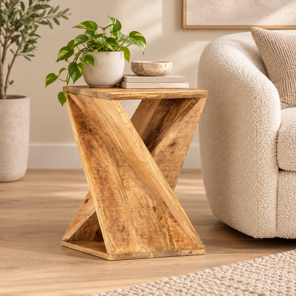 Table d’appoint Mangaro sculpturale près d’un fauteuil contemporain
