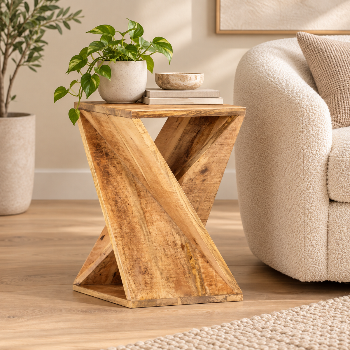 Table d’appoint Mangaro sculpturale près d’un fauteuil contemporain