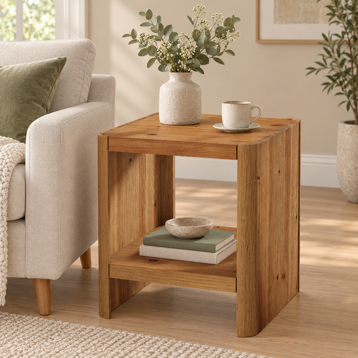 Table d’appoint Cube en bois près d’un fauteuil contemporain
