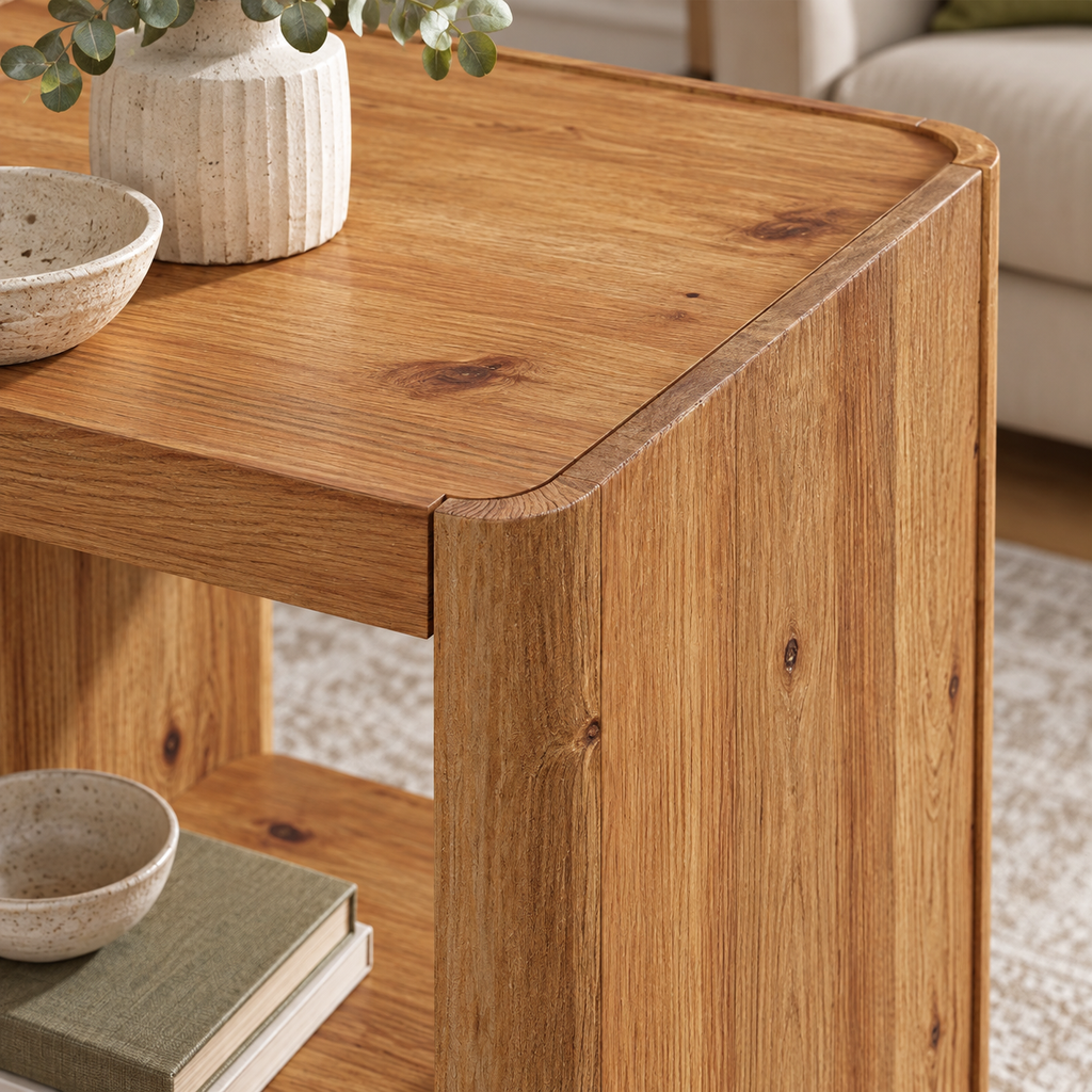 Détail du plateau, du veinage et des angles arrondis de la table Cube