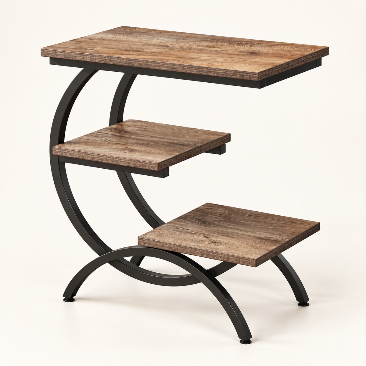 Table d’appoint à trois niveaux effet bois et métal noir vue trois-quarts