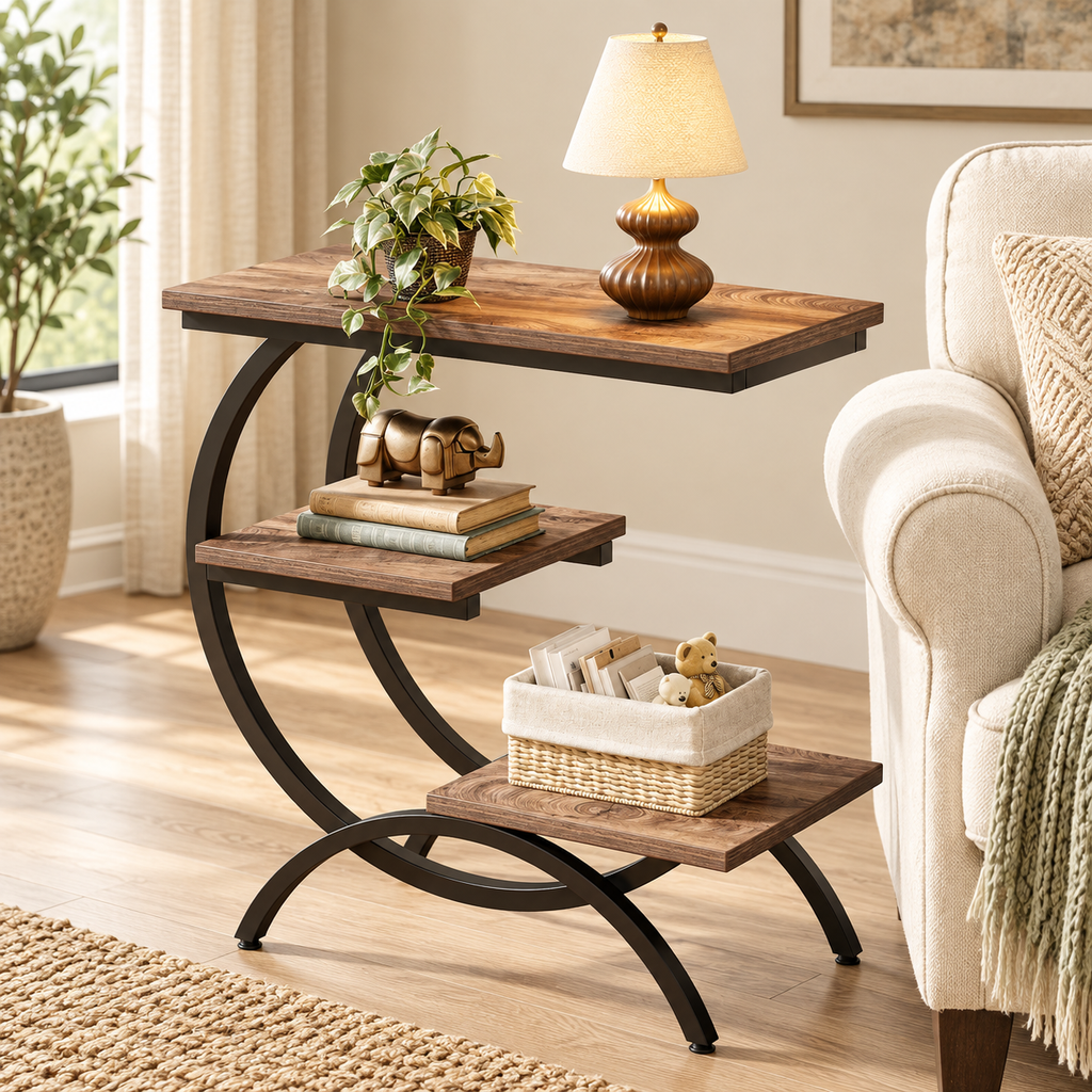 Table d’appoint à trois niveaux dans un salon contemporain