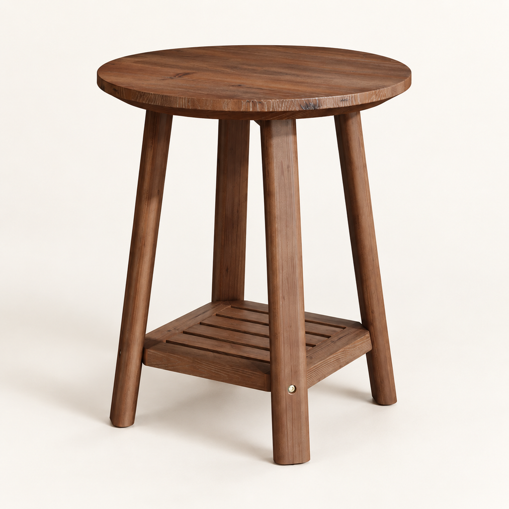 Table d’appoint ronde 50 cm teinte noyer vue trois-quarts