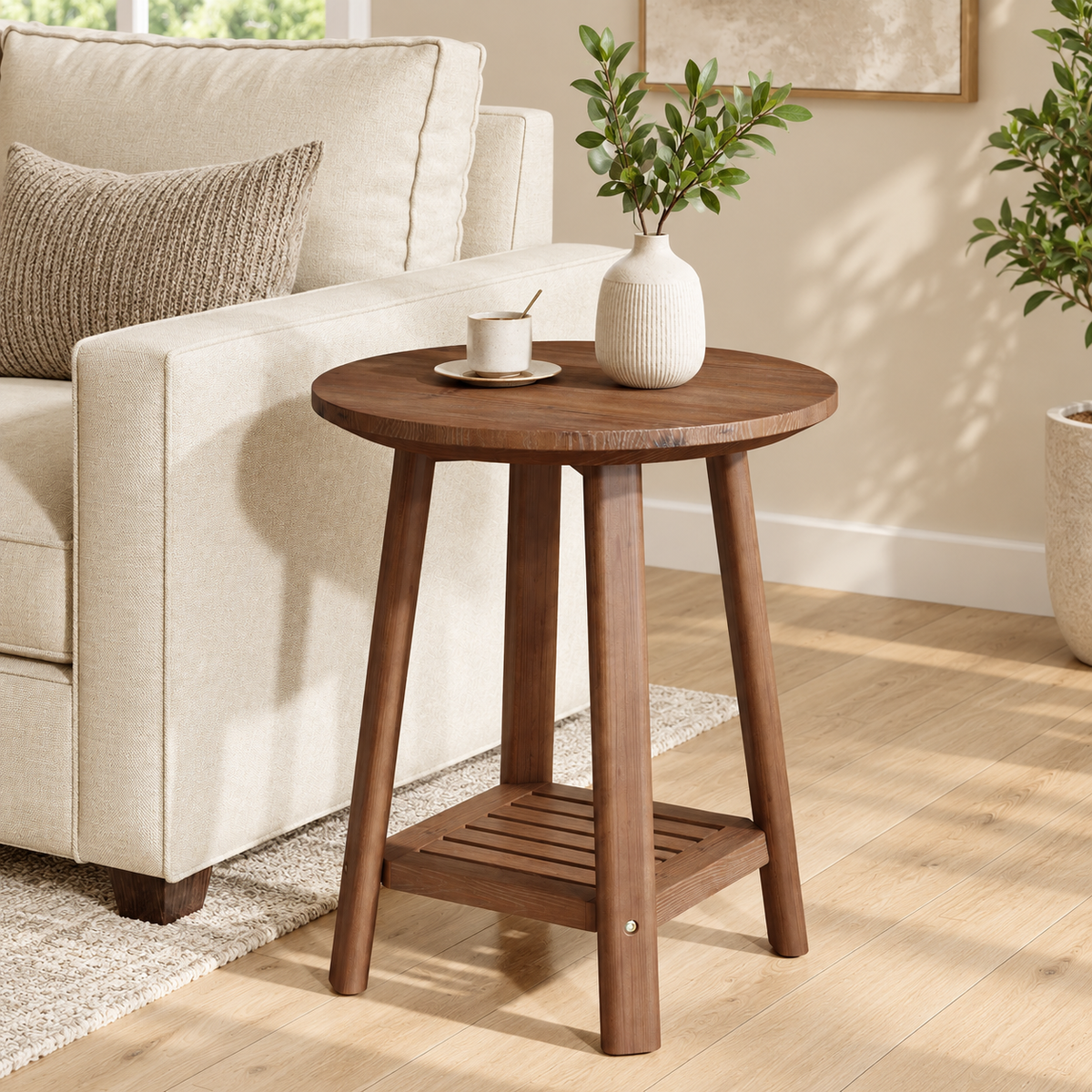 Table d’appoint ronde en finition noyer près d’un canapé crème