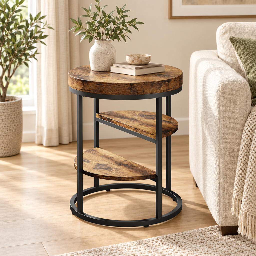 Table d’appoint ronde à trois niveaux près d’un canapé contemporain