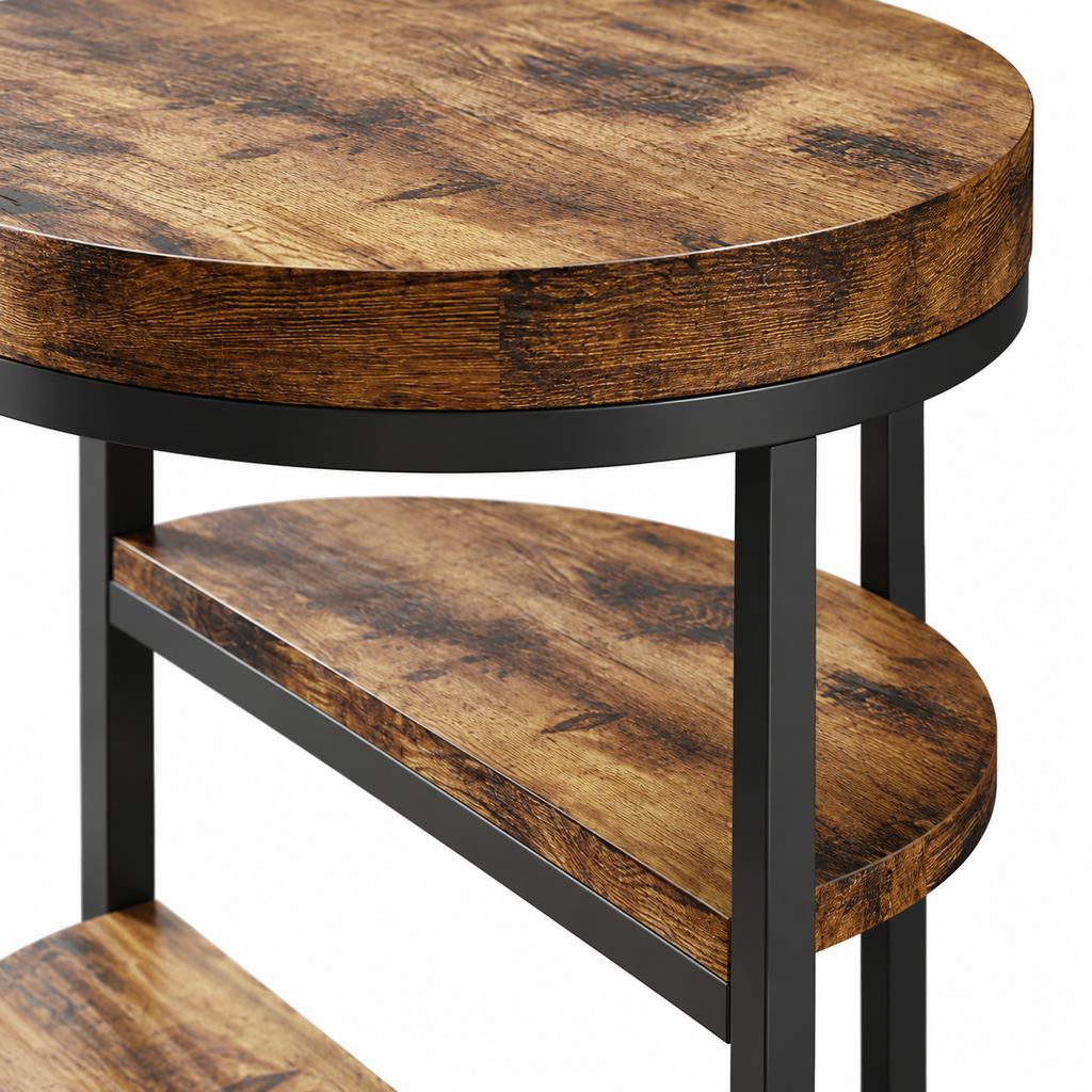 Détail du plateau effet bois et des tablettes demi-lune sur structure noire