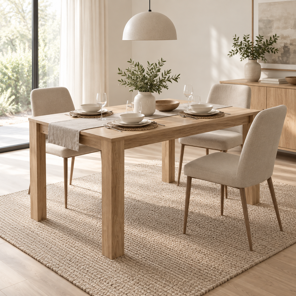 Table en chêne massif dans une salle à manger contemporaine