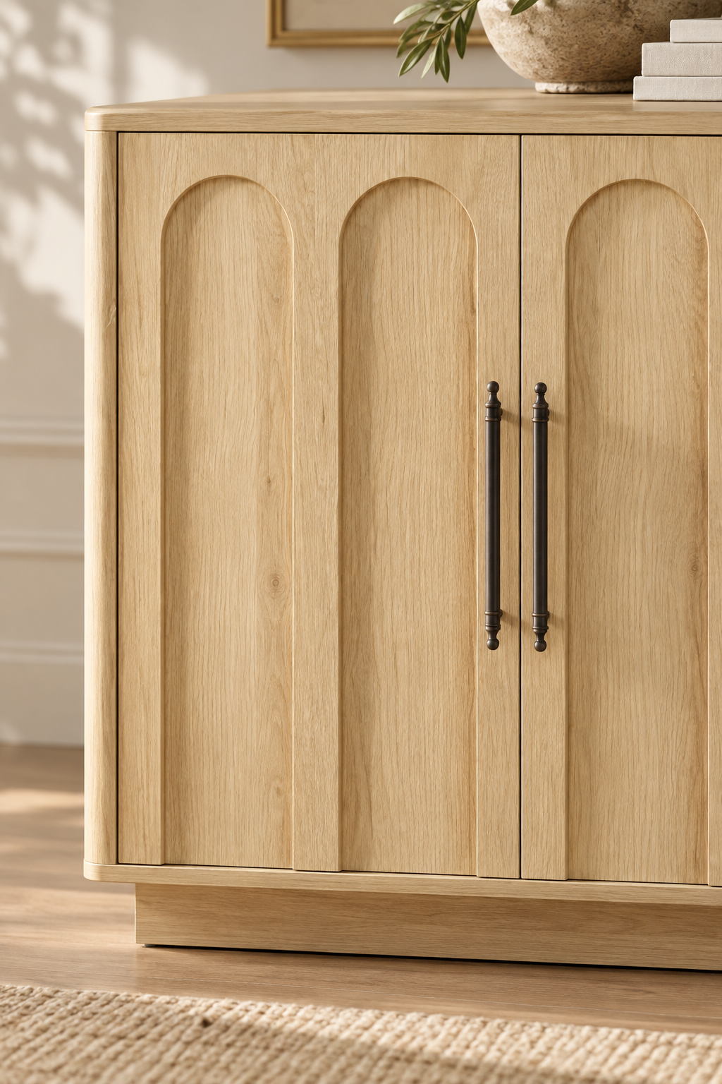 Détail des façades en arches du buffet bois clair 160 cm