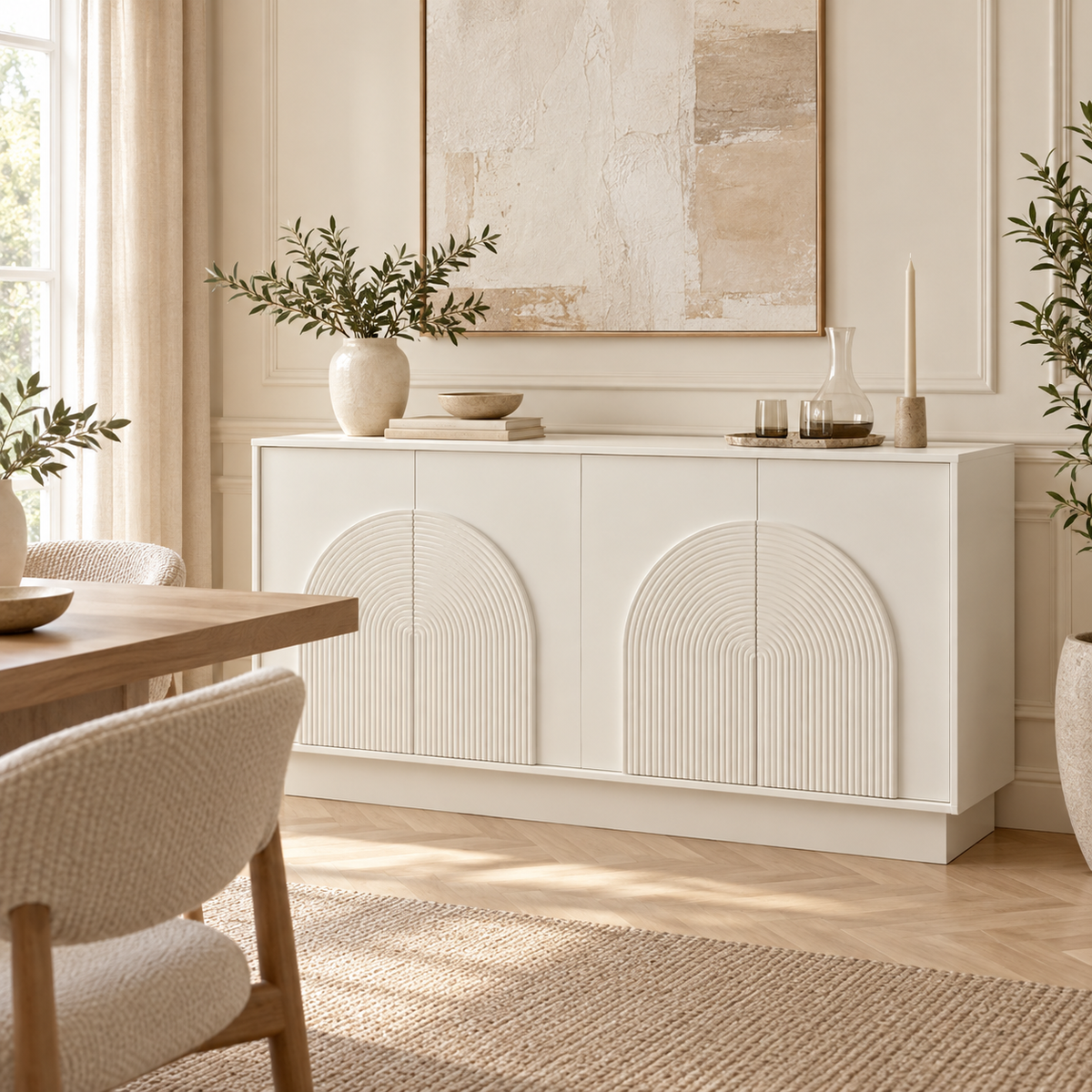 Buffet blanc mat 160 cm dans une salle à manger contemporaine