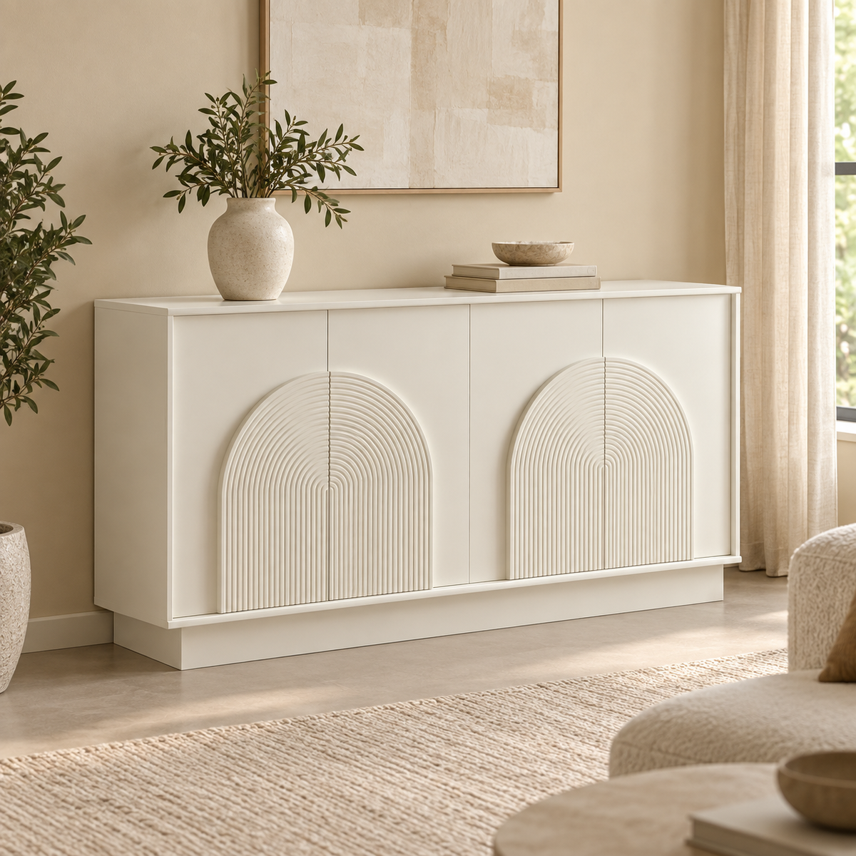 Buffet blanc mat 160 cm dans un salon contemporain