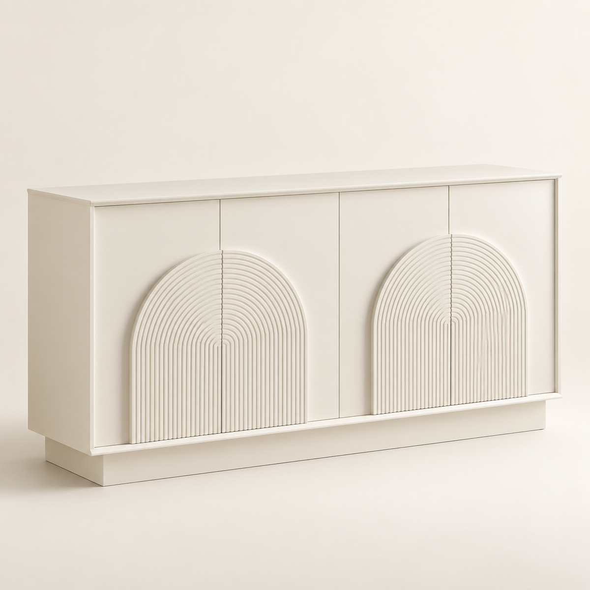 Buffet blanc mat 160 cm quatre portes à relief arqué vue trois-quarts