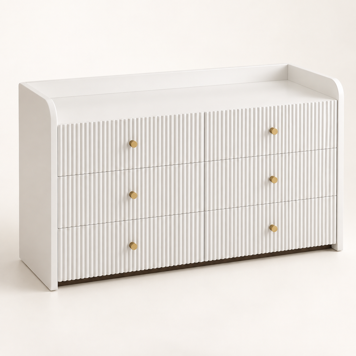 Buffet blanc rainuré 120 cm six tiroirs vue trois-quarts