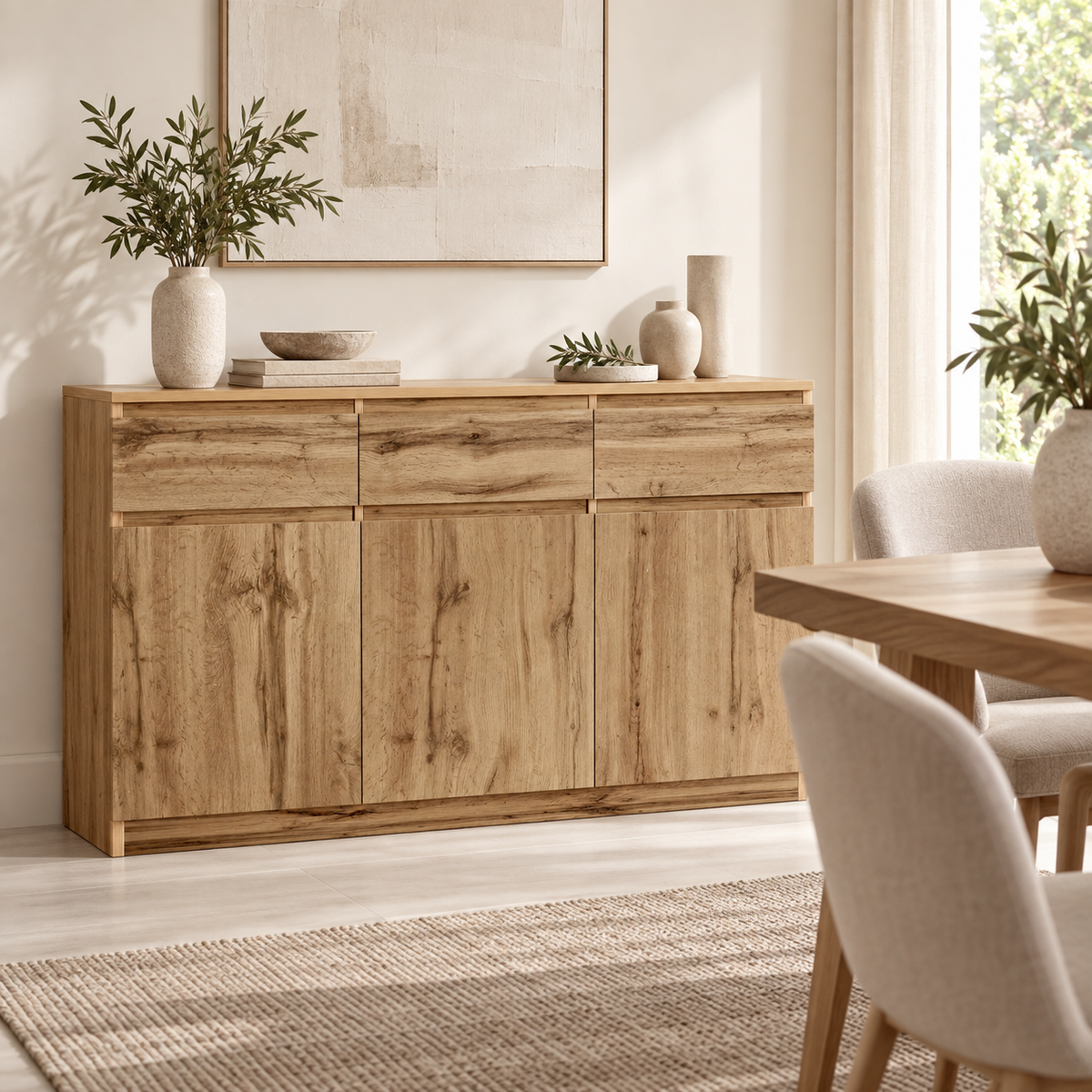 Buffet bois naturel 135 cm dans une salle à manger contemporaine