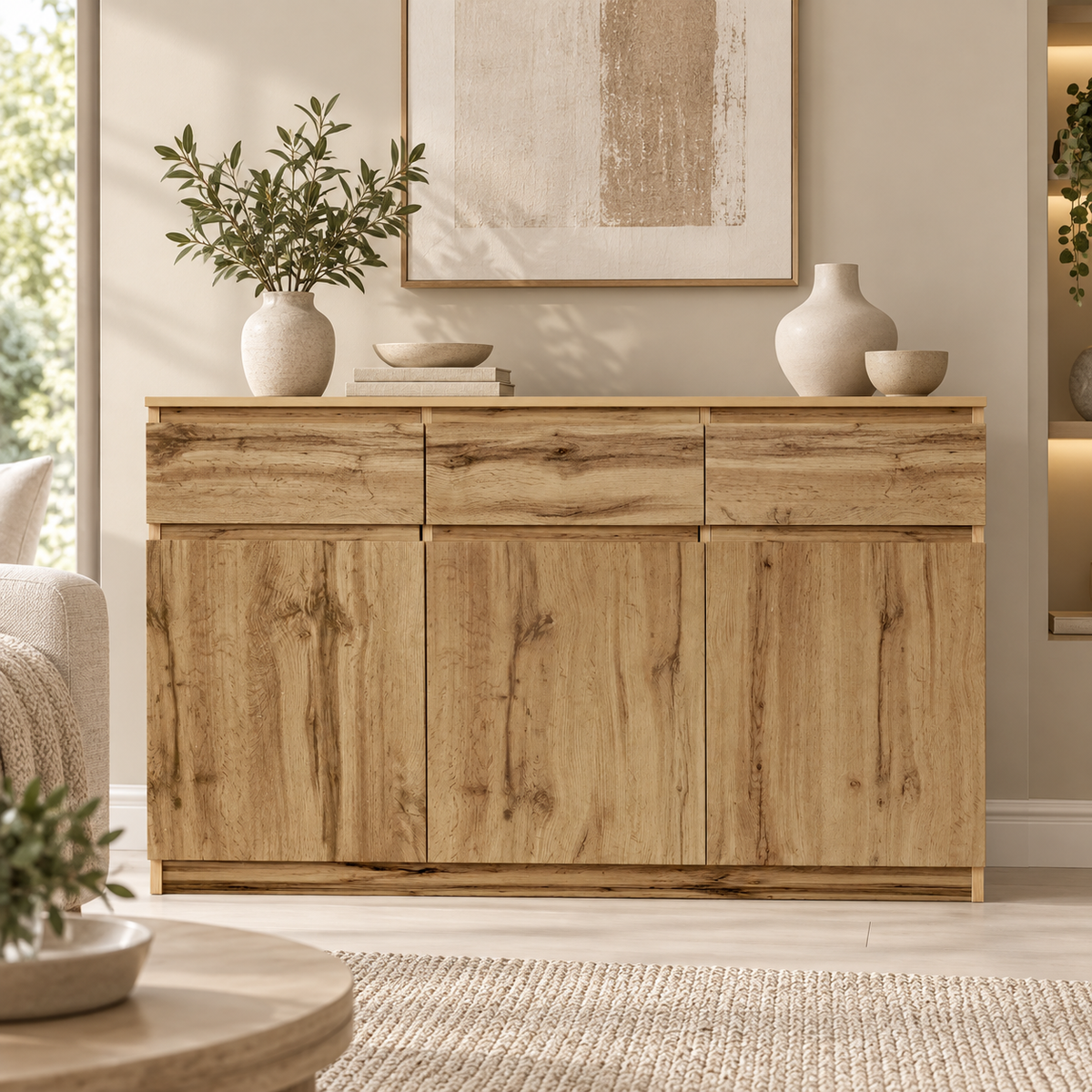 Buffet bois naturel 135 cm dans un salon contemporain