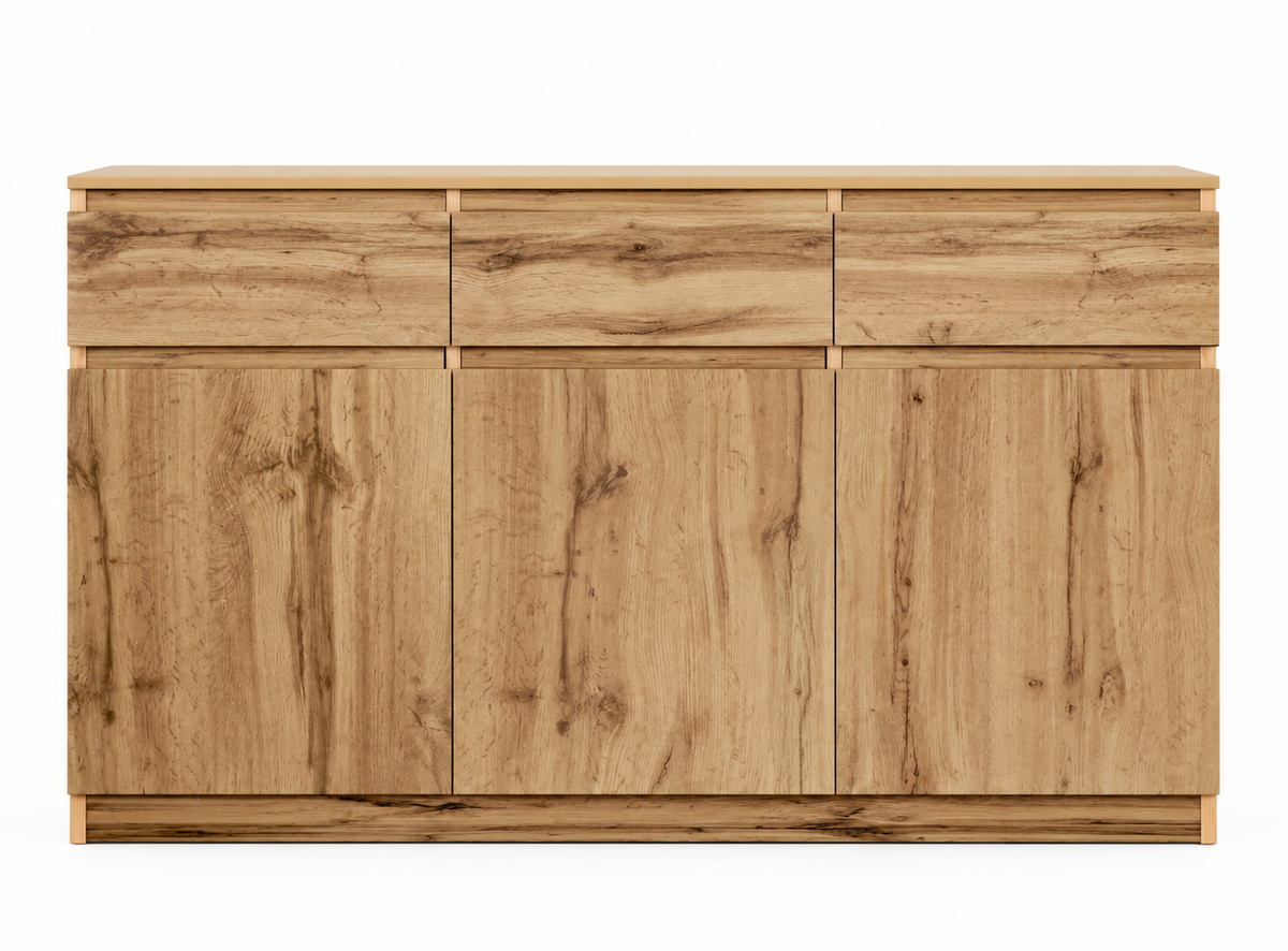 Buffet bois naturel 135 cm trois portes trois tiroirs vue de face