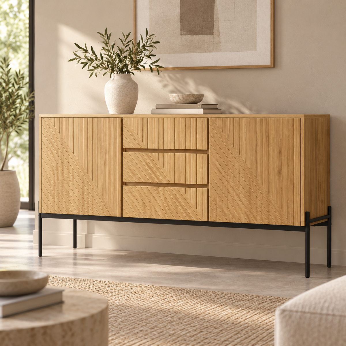 Buffet bois naturel 140 cm dans un salon contemporain