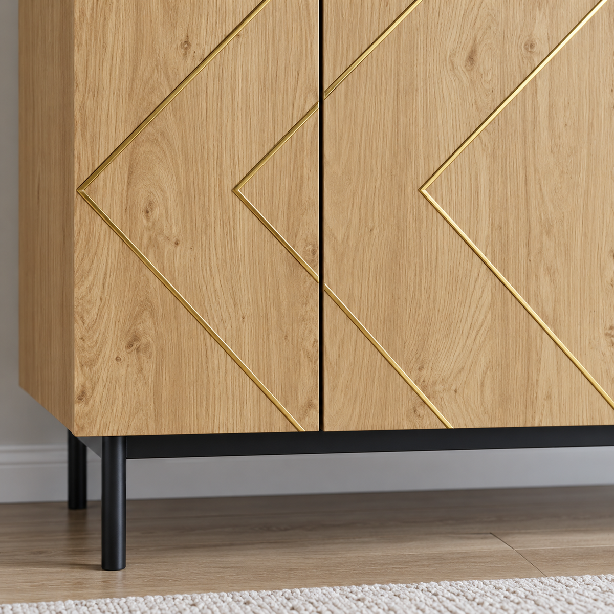 Détail des incrustations métalliques du buffet bois naturel 160 cm