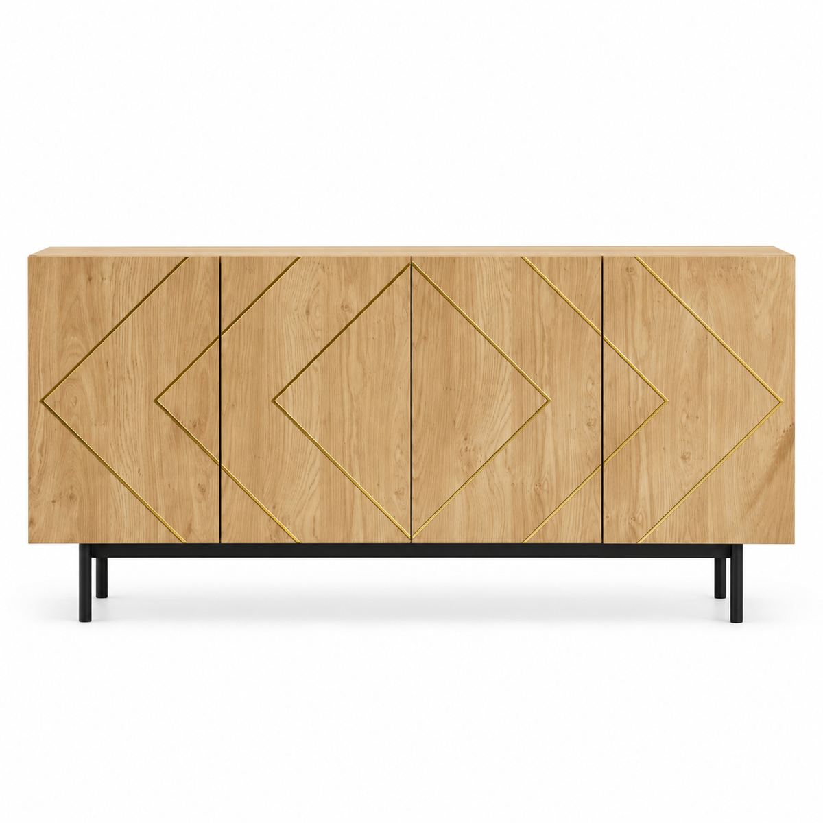 Buffet bois naturel 160 cm quatre portes et incrustations métal vue de face