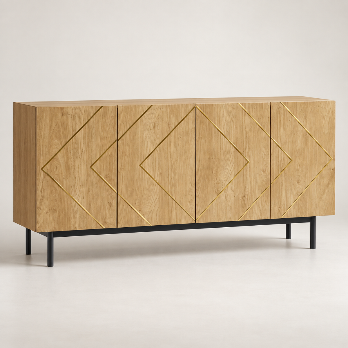Buffet bois naturel 160 cm quatre portes et incrustations métal vue trois-quarts