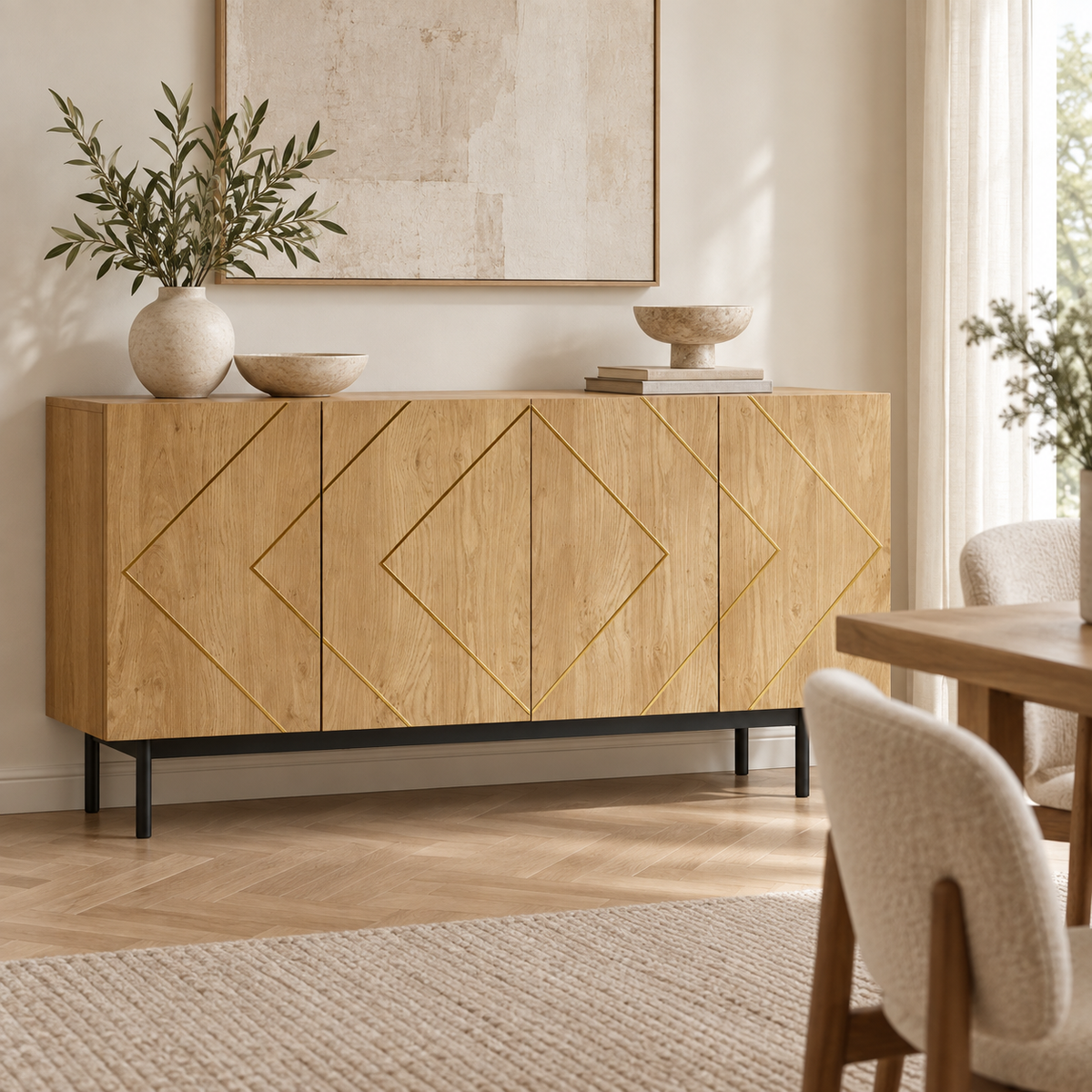 Buffet bois naturel 160 cm dans une salle à manger contemporaine