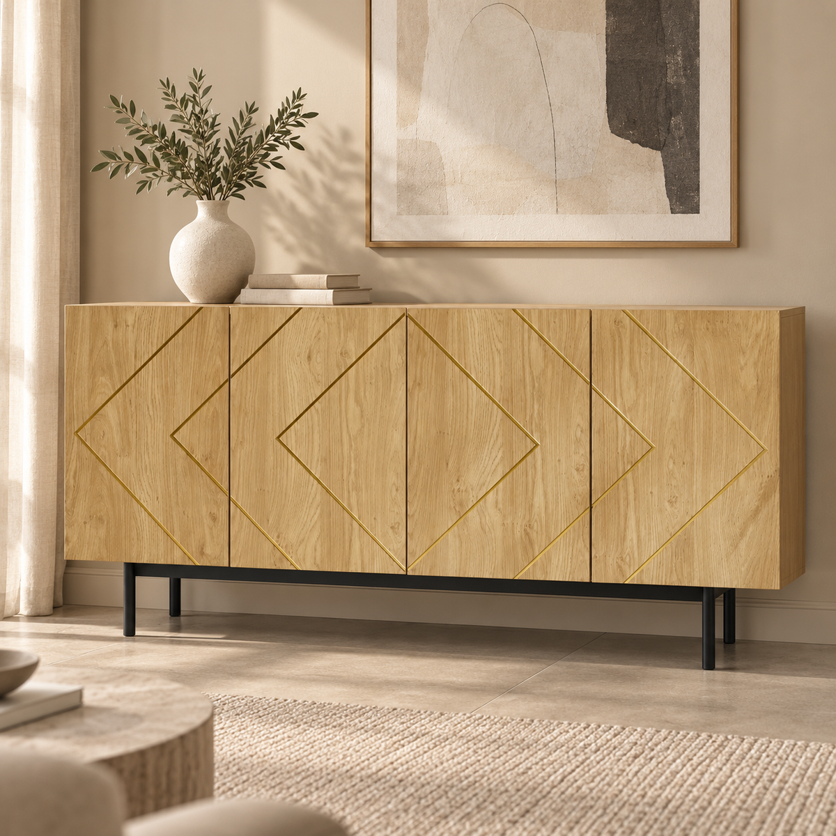 Buffet bois naturel 160 cm dans un salon contemporain