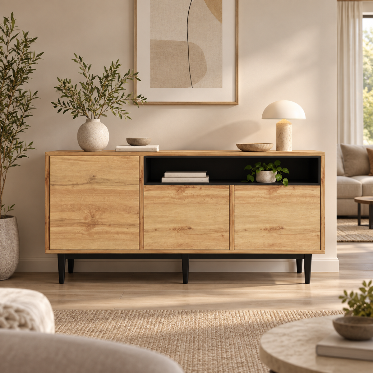 Buffet bois naturel 160 cm avec niche ouverte dans un salon