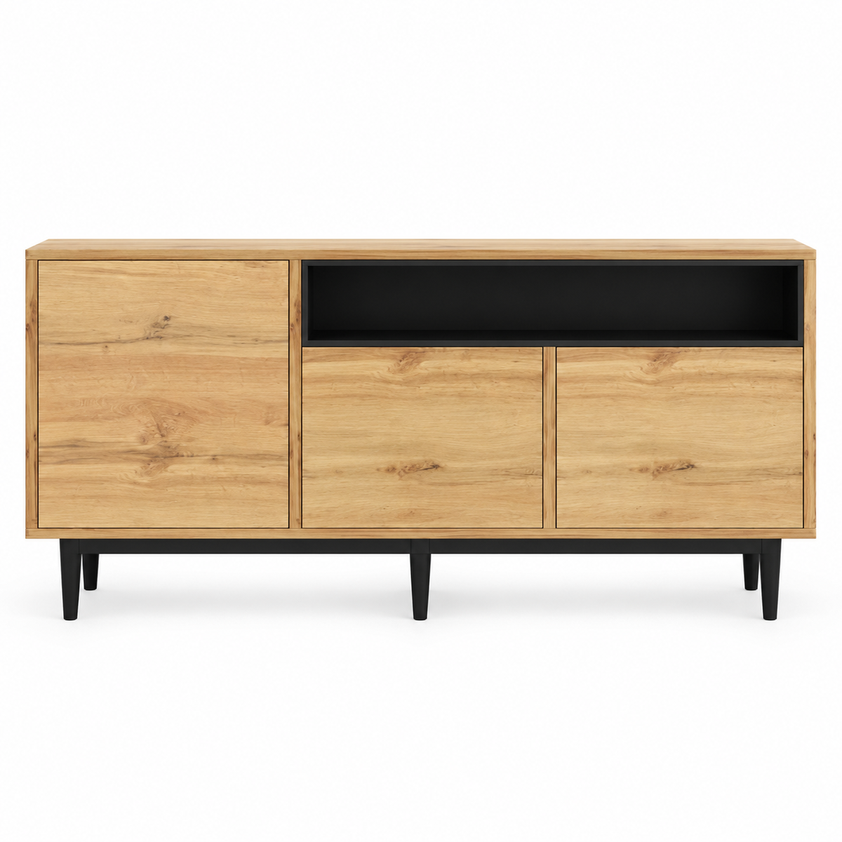 Buffet bois naturel 160 cm trois portes et niche ouverte noire vue de face
