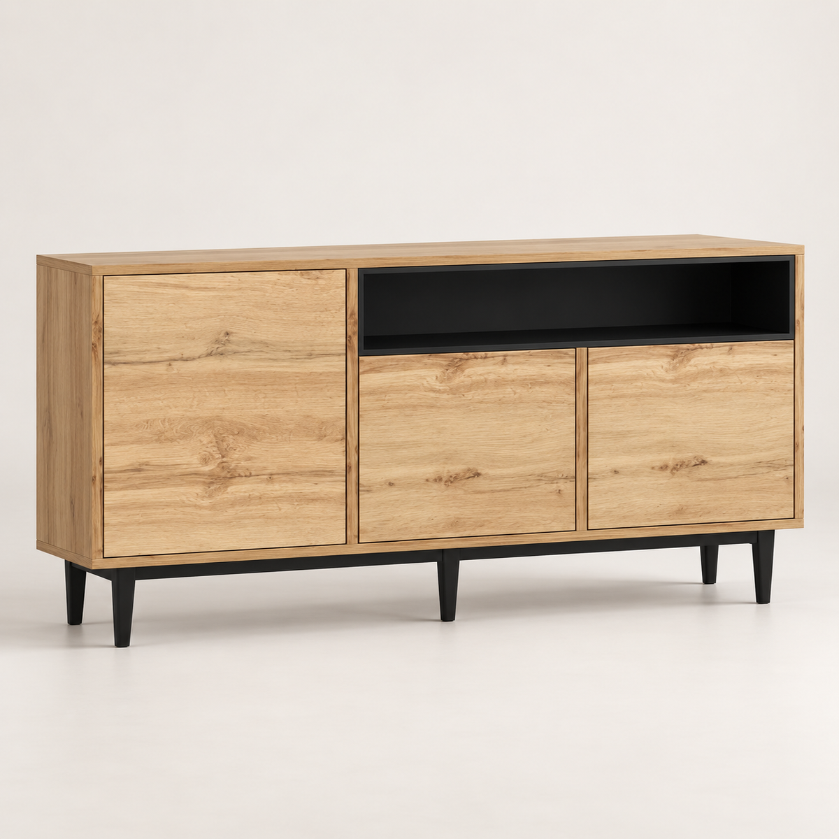 Buffet bois naturel 160 cm trois portes et niche noire vue trois-quarts