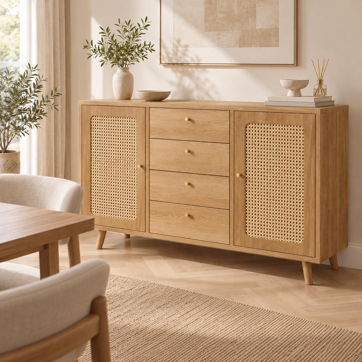 Buffet cannage 140 cm dans une salle à manger contemporaine