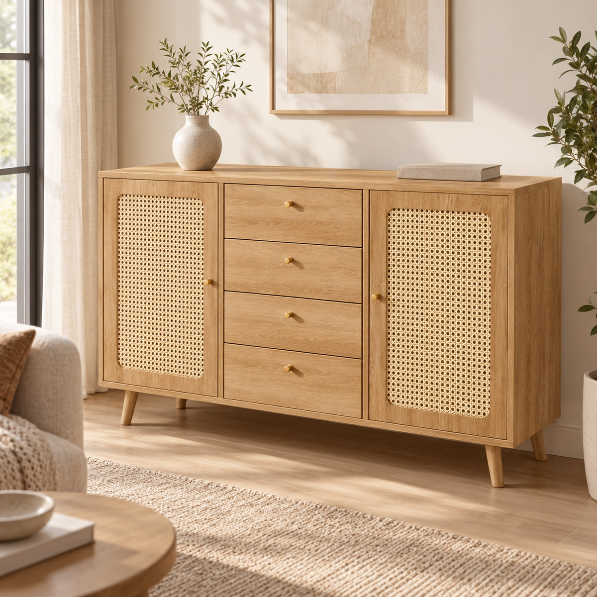 Buffet cannage 140 cm dans un salon contemporain