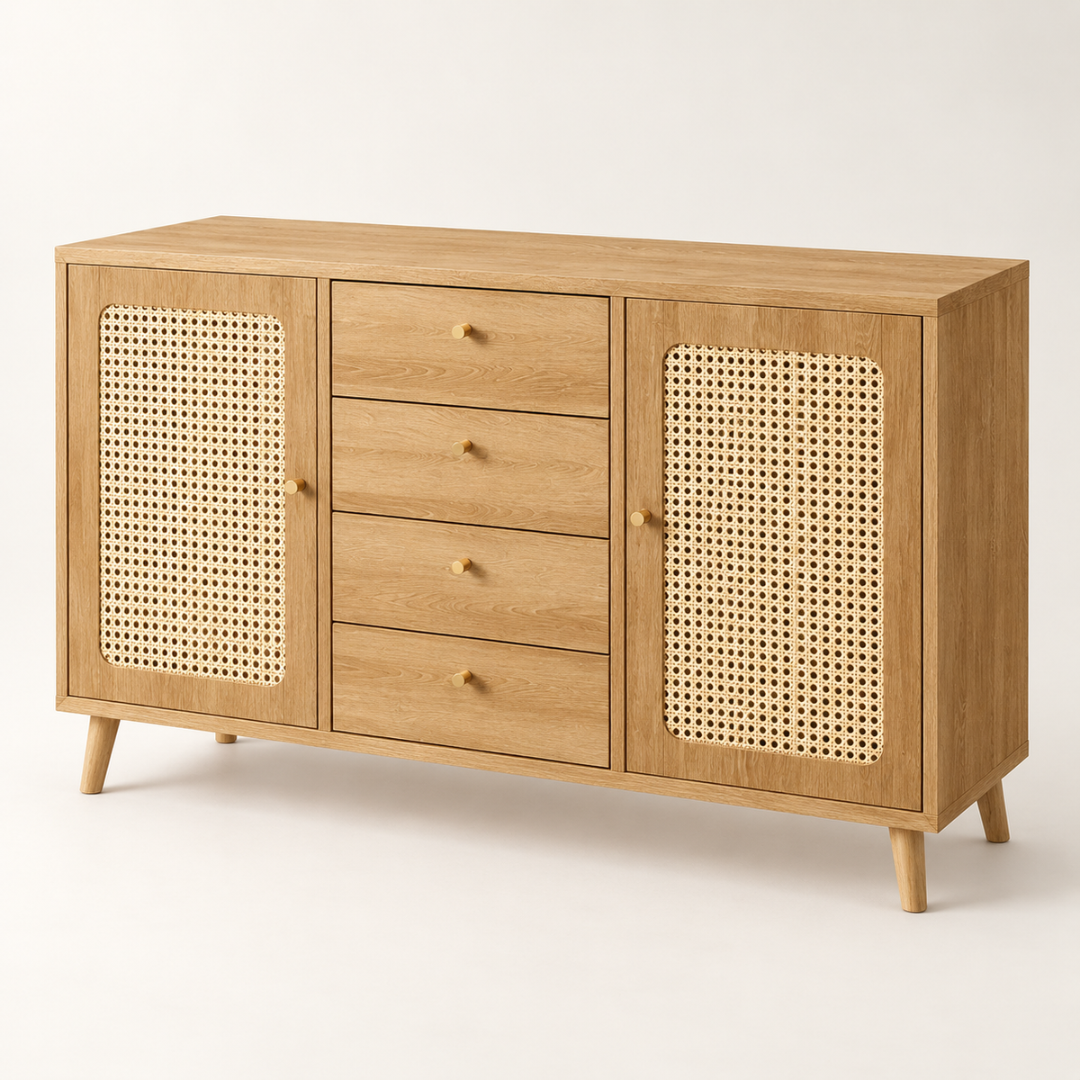 Buffet cannage 140 cm deux portes et quatre tiroirs vue trois-quarts