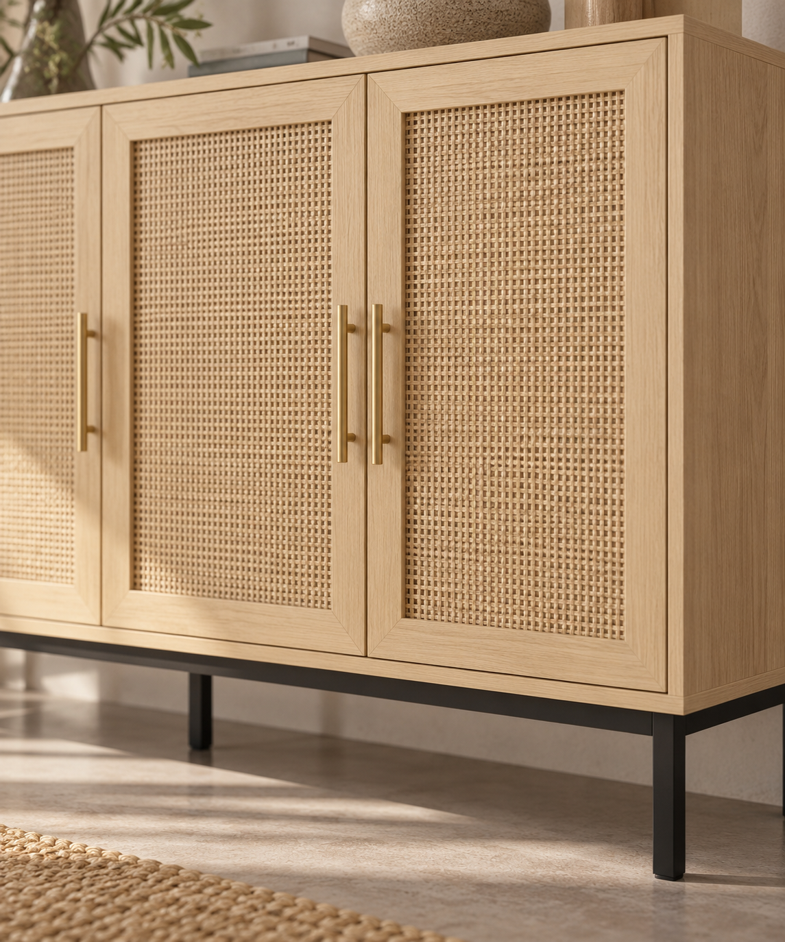 Détail du cannage et des poignées dorées du buffet 140 cm