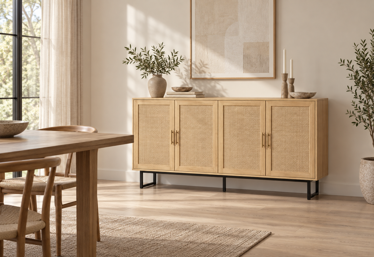 Buffet cannage tressé 140 cm dans une salle à manger contemporaine
